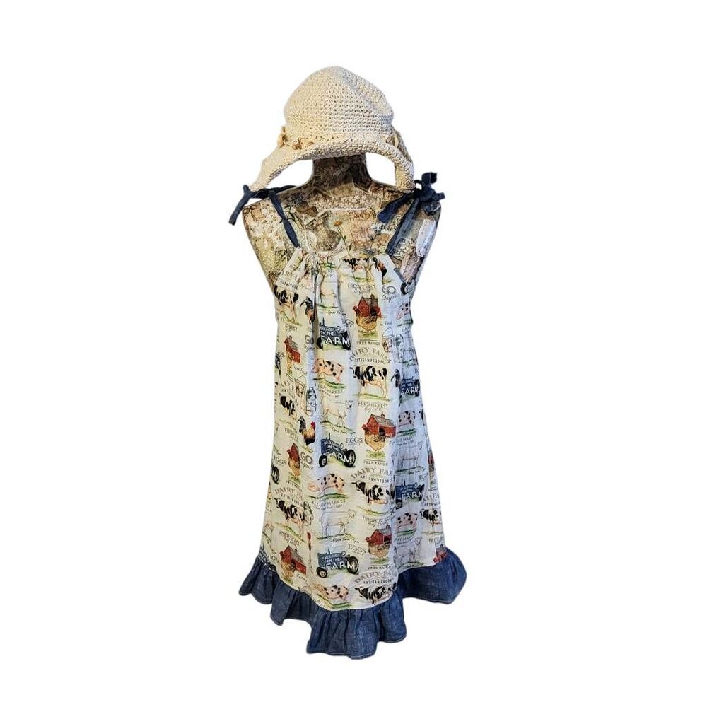 Dress Handmade Country Farm Animal Print  Denim Ruffle Hem & Shoulder Sundress - Picture 8 of 8